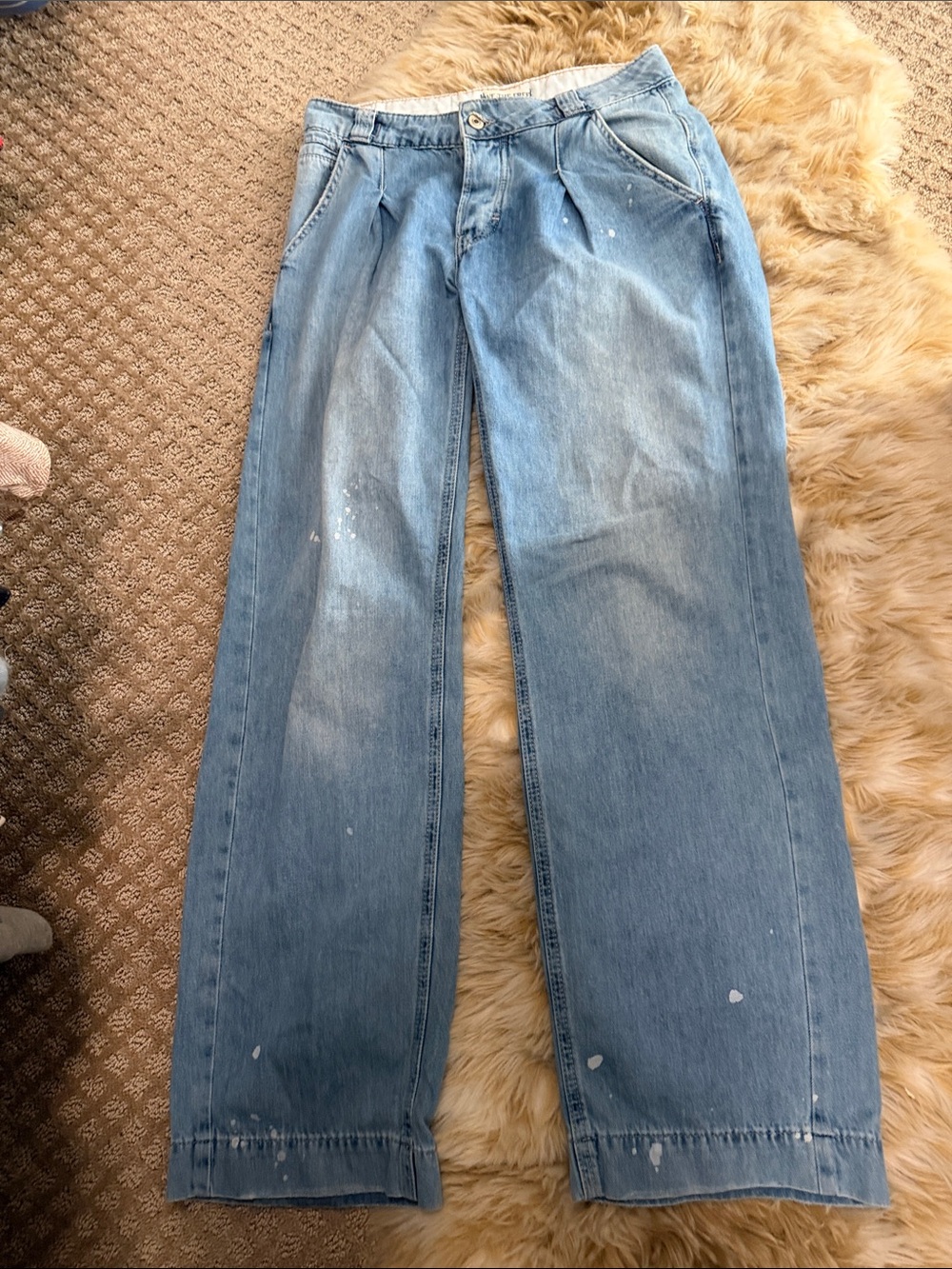 Free People Light Wash Wide Leg Jeans with Paint Splatter